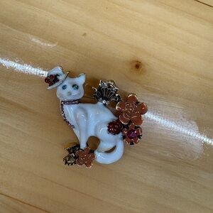 White Cat Brooch with Floral Details & Top Hat